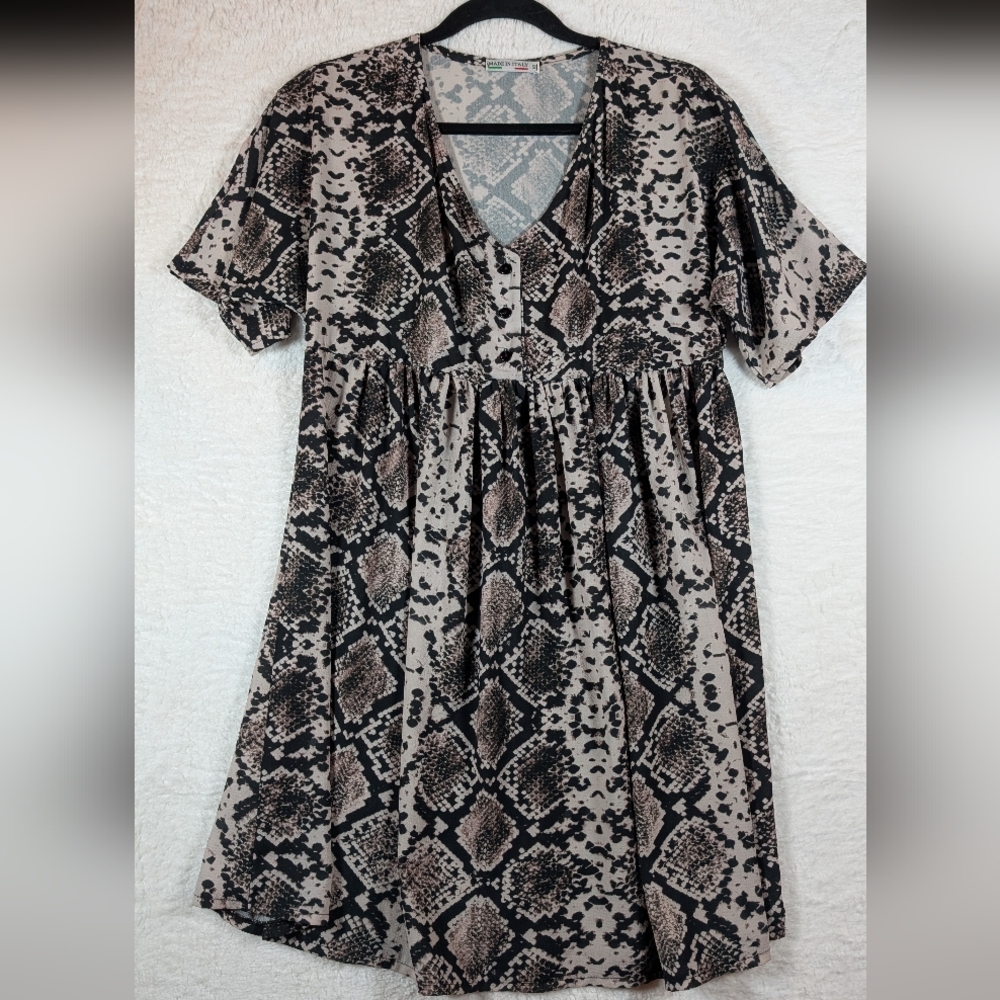 414-Snake Print V-Neck Babydoll Dress Made In Italy